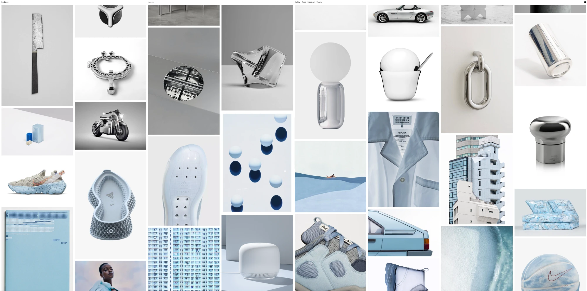 A Bentobox page of silver and pale blue images: a chrome lamp, a steel chain link, 3D-printed trainer soles, a tower block and a translucent basketball.