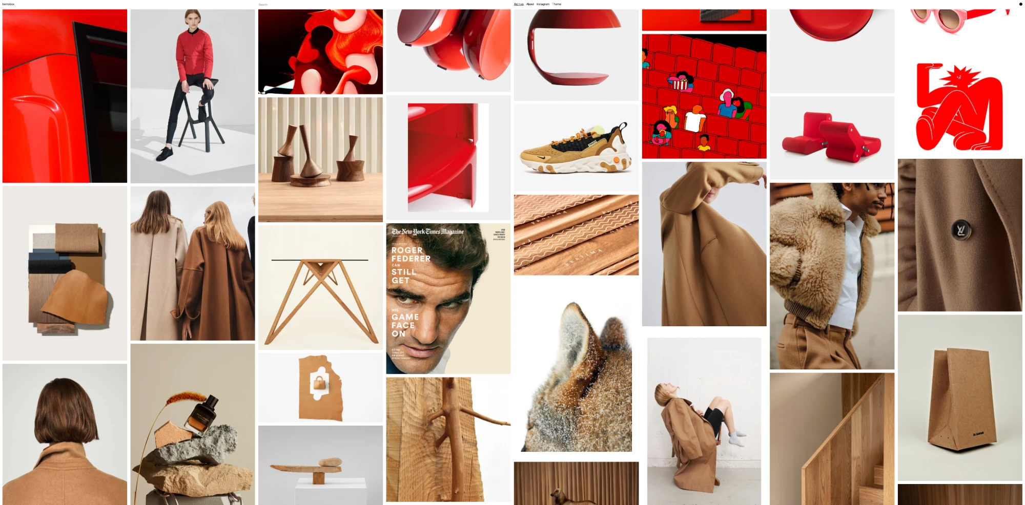 Bentobox moving from red into camel: a red lamp, chairs and sunglasses give way to camel coats, leather swatches, carved wood and a New York Times Magazine cover.
