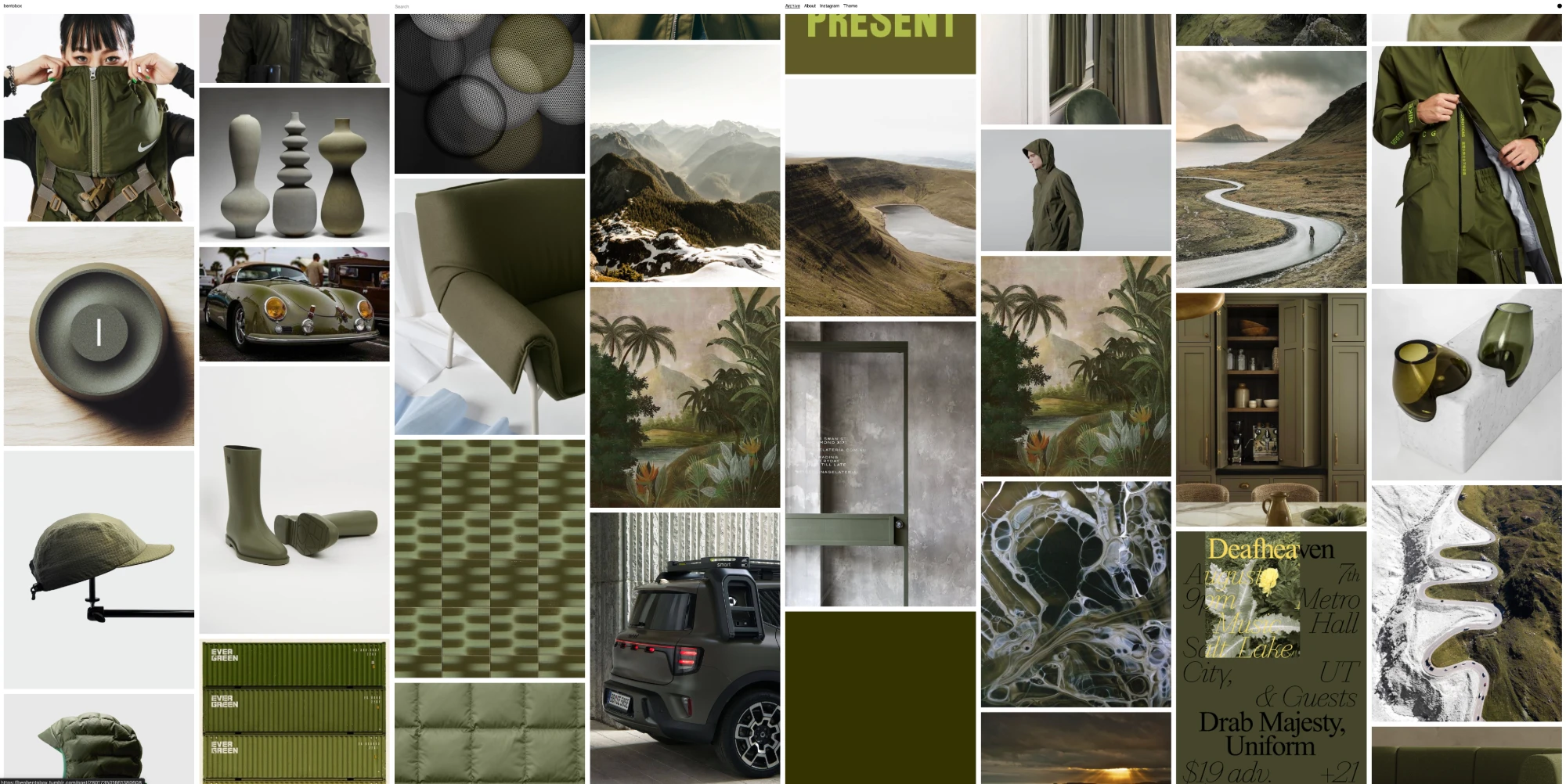 A Bentobox page of olive green images: a Nike jacket, ceramic vases, a vintage Porsche, rubber boots, Evergreen shipping containers and a winding mountain road.