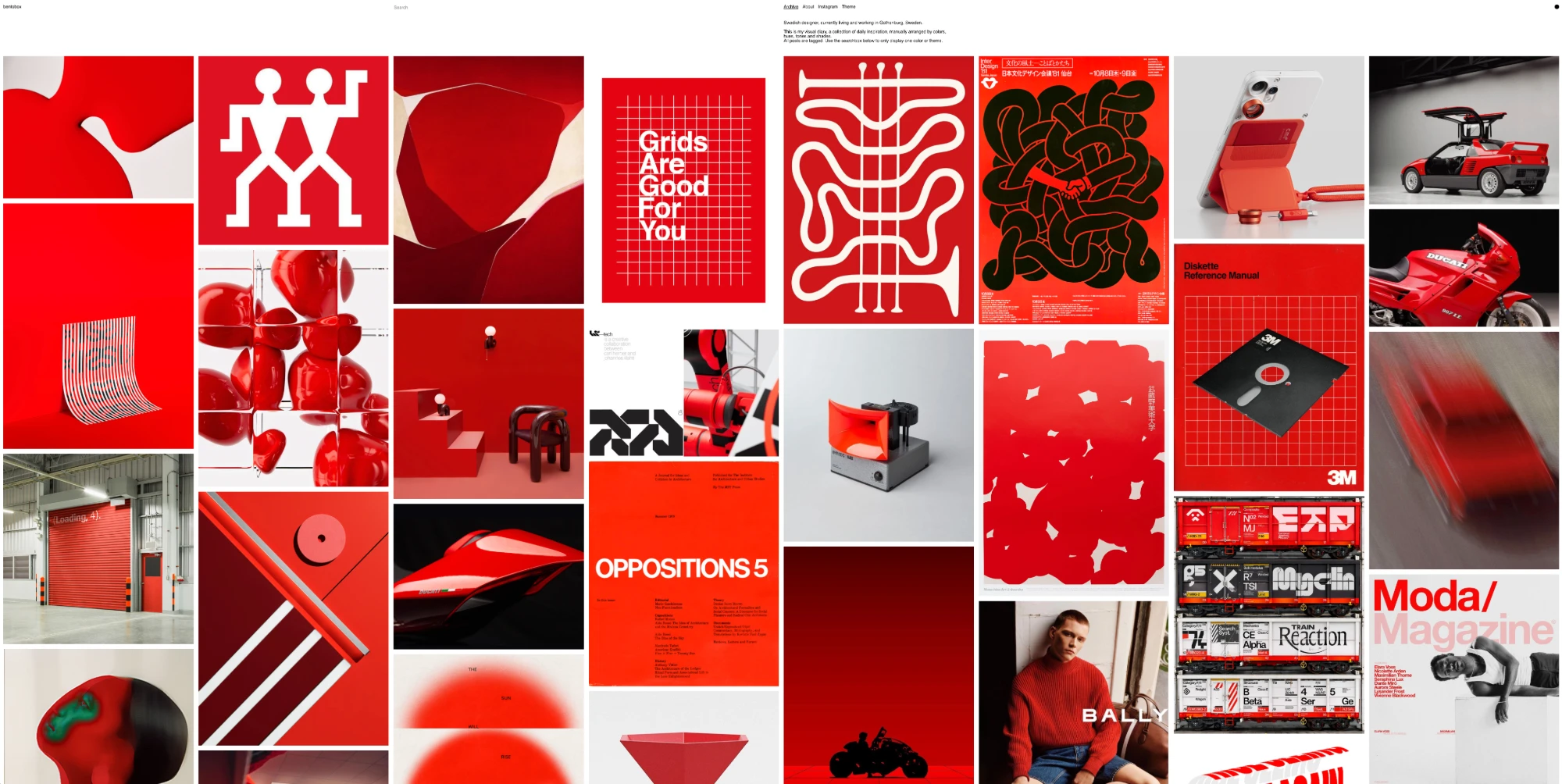 A Bentobox page of red images: a Zwilling logo, a Grids Are Good For You poster, the Oppositions 5 cover, a 3M diskette manual, a Ducati and a Bally campaign.