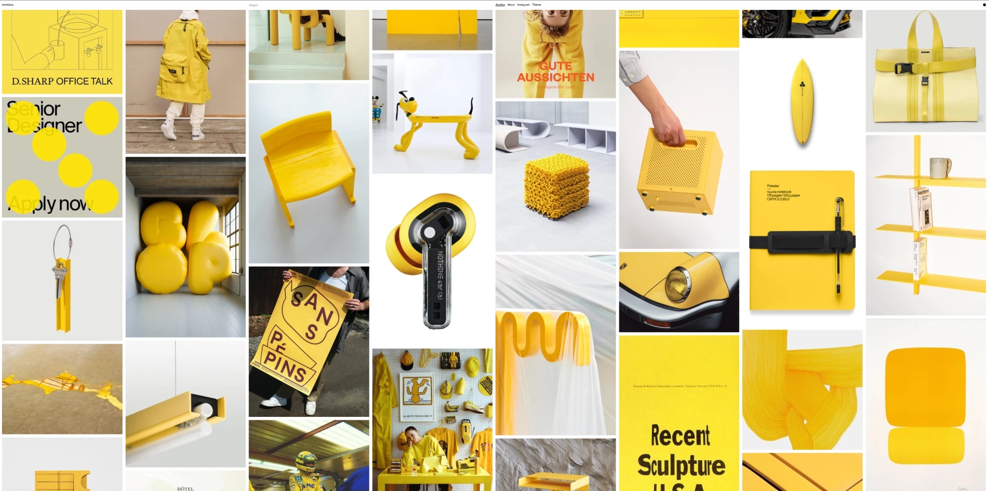 A Bentobox page of yellow images: a Sans Pépins poster, a Nothing Ear case, a knitted stool, a Porsche headlight and a Polestar notebook.